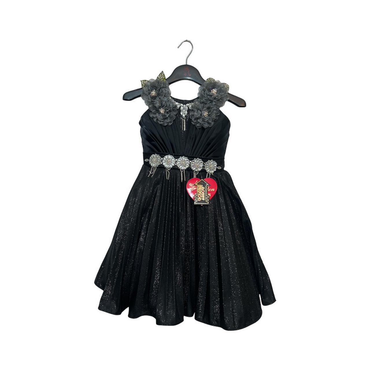 Elegant Black Party Frock with Floral Detailing