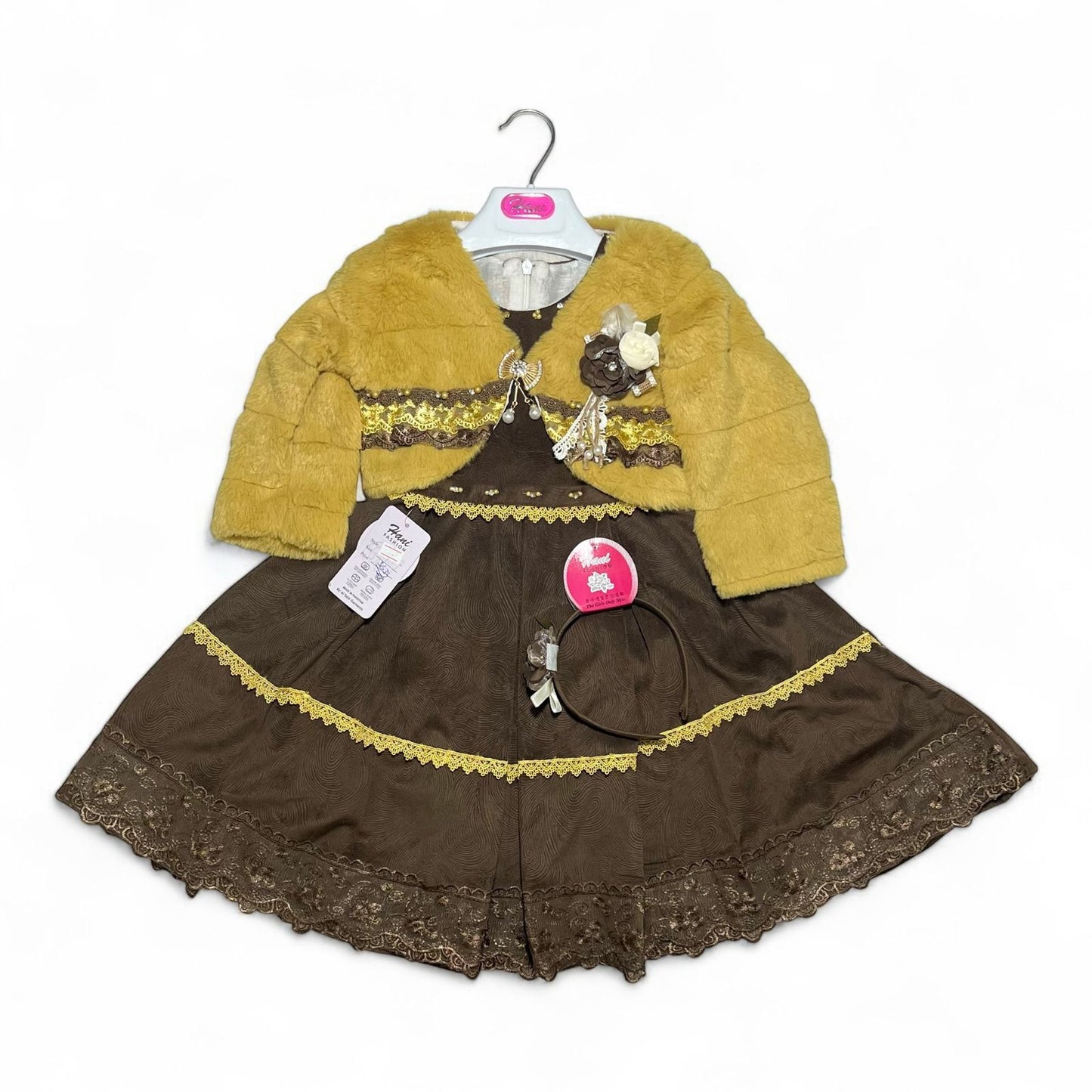 Elegant Brown Frock with Mustard Fur Jacket for Little Fashionistas