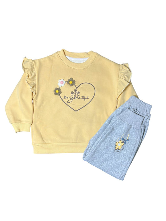 Elegant Girls’ Yellow Sweatshirt & Grey Pant Set – Premium Winter Wear