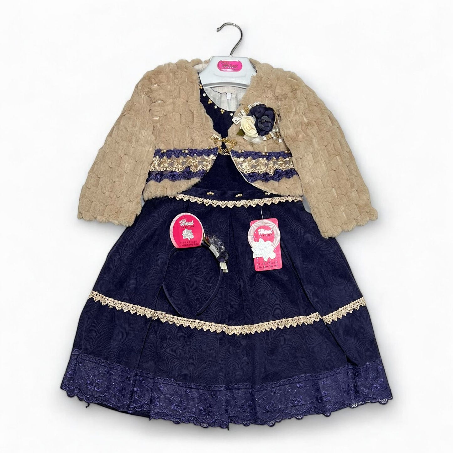 Winter Elegance: Navy Blue Frock with Fur Jacket for Girls